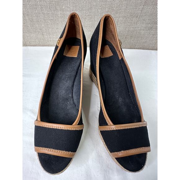 Tory Burch Majorca Wedge Sandal Peep Toe Black Canvas Espadrille Size 9 - Picture 9 of 13